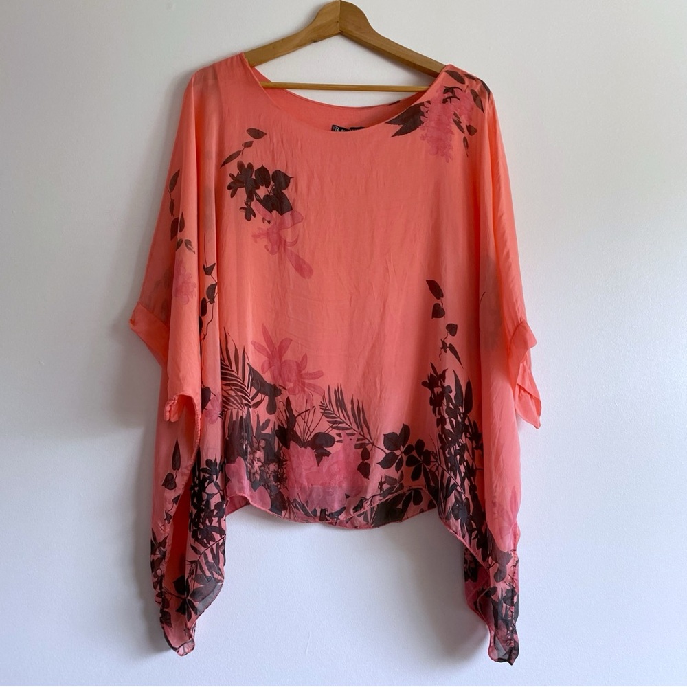Bella Amore Silk Viscose Blend Flowy Floral Coral Blouse